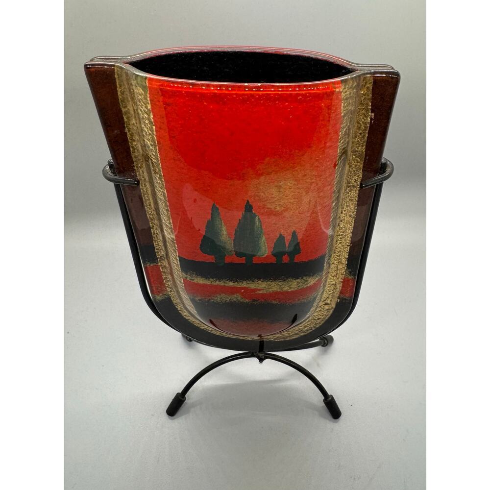 Vintage Jasmine Art Glass Vase in Metal Stand Black Gold Red Green Trees Vibrant